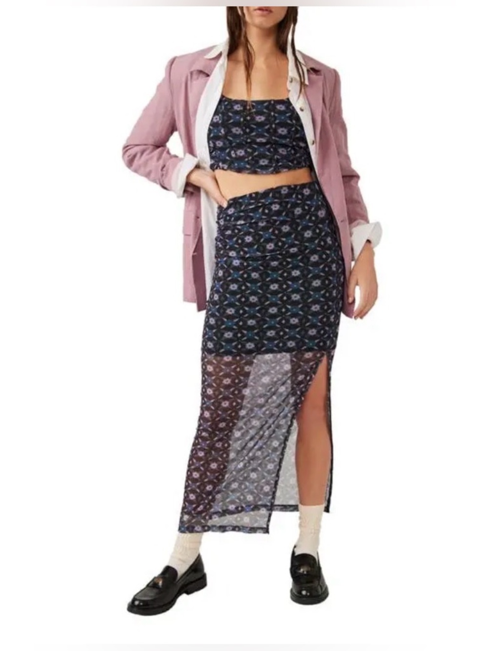Free People Navy Floral Sheer Maxi Skirt Set with Side Slit